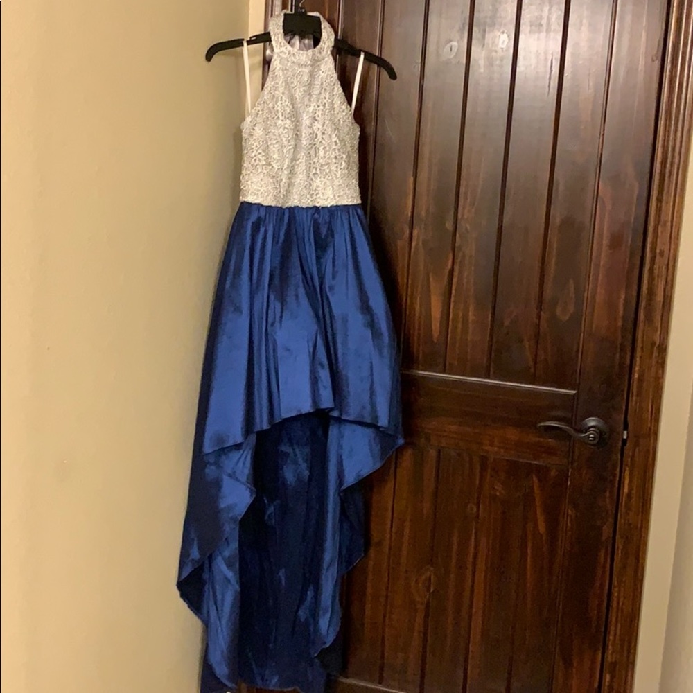 Sliver and blue high low formal dress sz 7/8